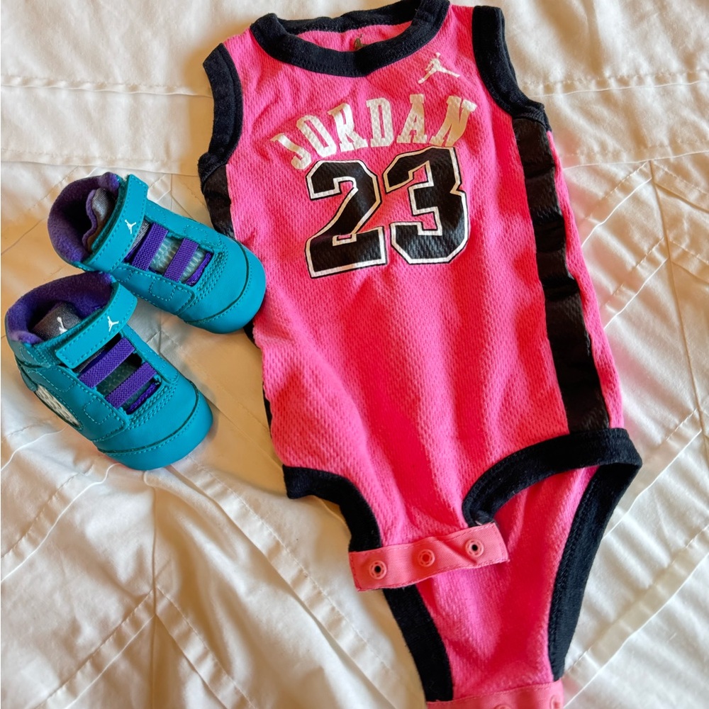 Jordan Pink and Black Bodysuit with Number 23 and 2C crib shoes.